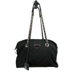 Prada Tessuto Impuntu Shoulder Bag Black Quilted Nylon Chain Leather Strap